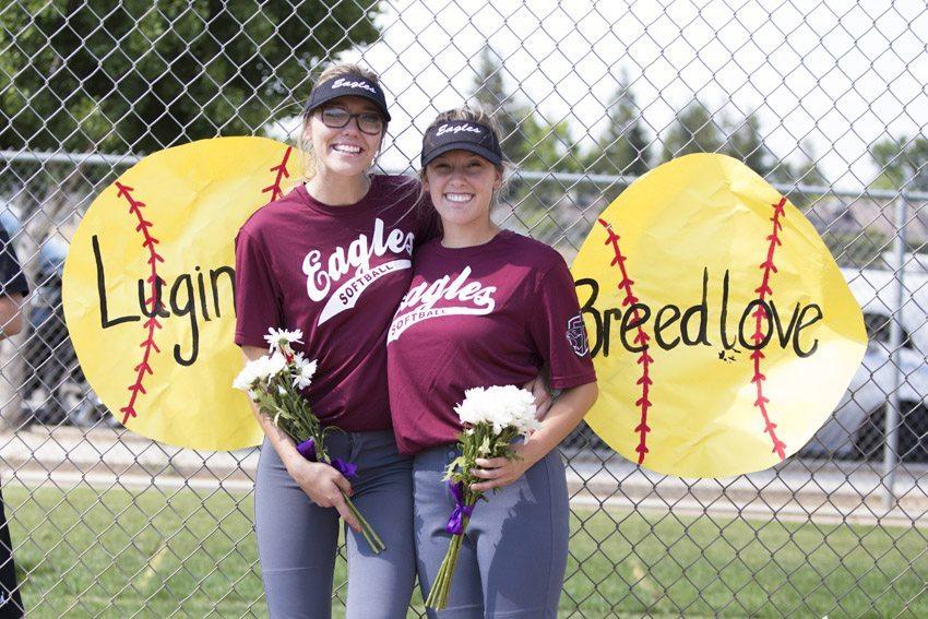 Seniors Madelline Luginbill (right) and Allison Breedlove are honored during senior night at their last home game, May 9.