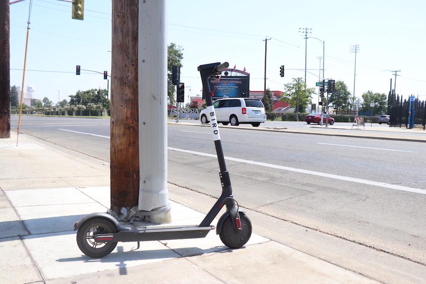 A bird scooter parked at the corner of Cedar and Barstow, Sept. 3.
