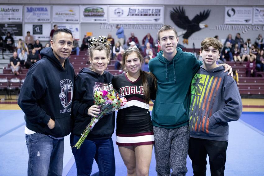 Fresno+Christian+varsity+senior+cheerleaders+are+honored+at+half+time+during+the+basketball+team%2C+Feb.+7.%C2%A0