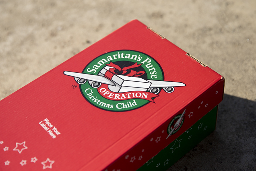 Operation Christmas Child Shoebox, used to hold the gifts and supplies for the child.