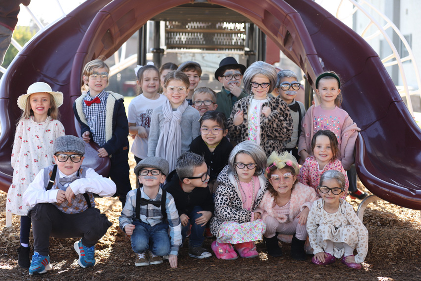 Fresno Christian kindergartners celebrate the 100th day of learning while dressing up as 100 year olds, Jan. 26.