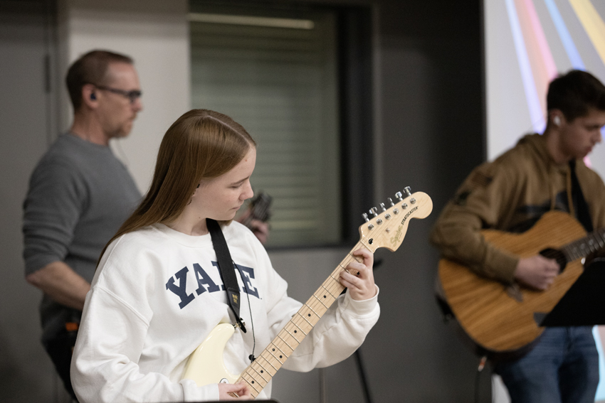 High school students lead the middle school in worship, Feb. 1.