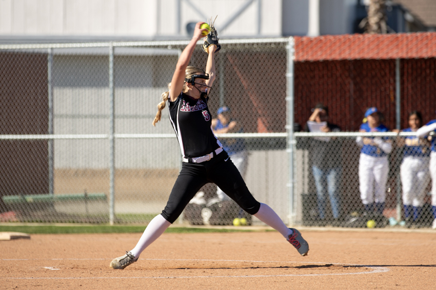 Sophomore Madison Bishel pitches to the opposing team, April 2, 2024.