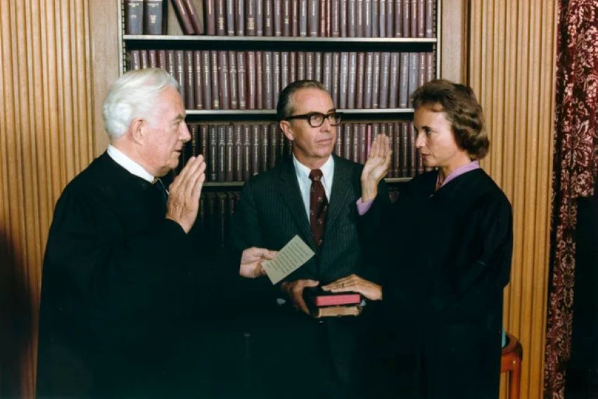 Sandra Day O'Connor was sworn in by Chief Justice Warren Burger next to her husband, John O'Connor, Sept 25, 1981.