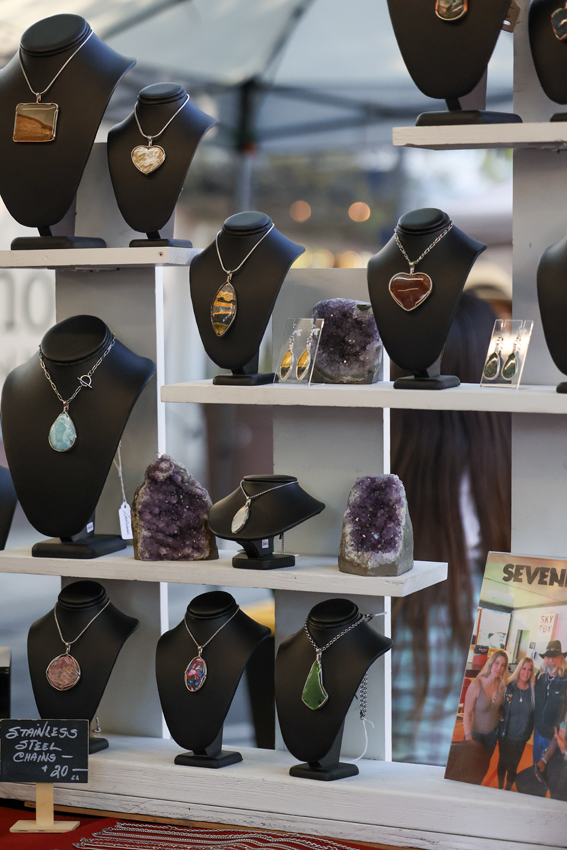Jewelry made of numerous different gems and stones put on sale.