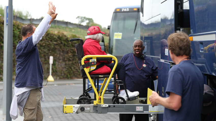 Many veterans are wheelchair bound and each bus has a mobility team to make transfers easy. 