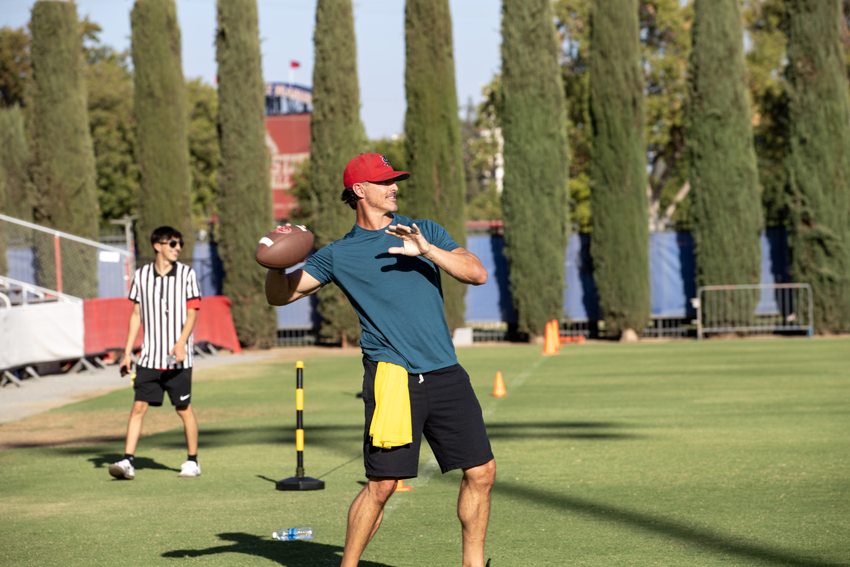 Former NFL QB David Carr, practicing his throws before the Heroes Night flag football game, Sept. 14.