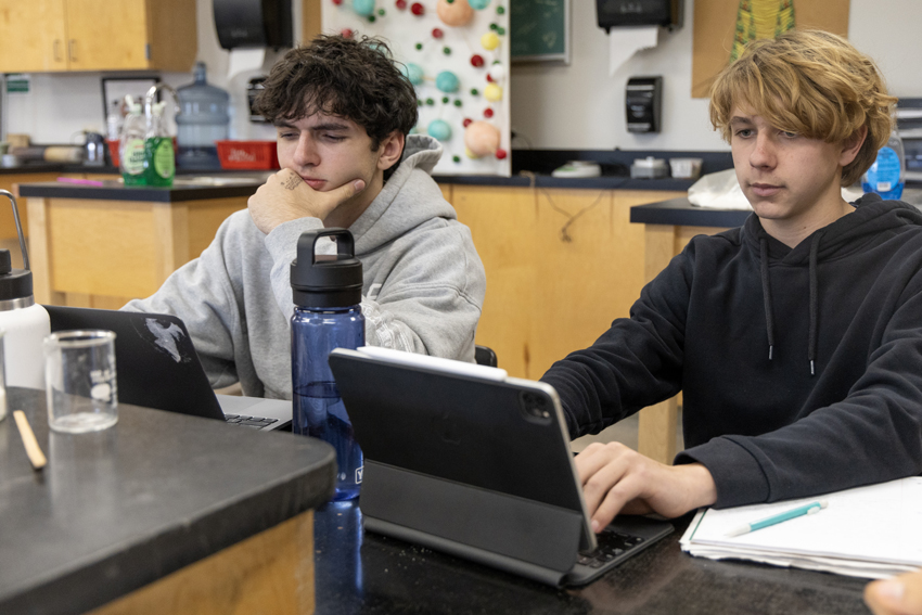 Cole Fluharty '26 and Owen Gailey '26 work together to finish English assignments