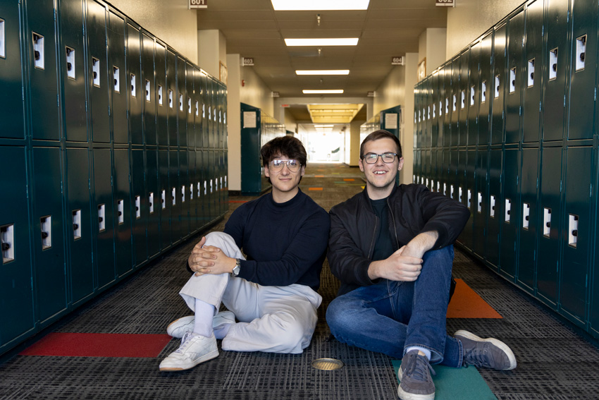 EagleCast host Matt Tacchino,'26, with Caleb Tuck,'26 who shares lessons from life as one of eight kids in his family.