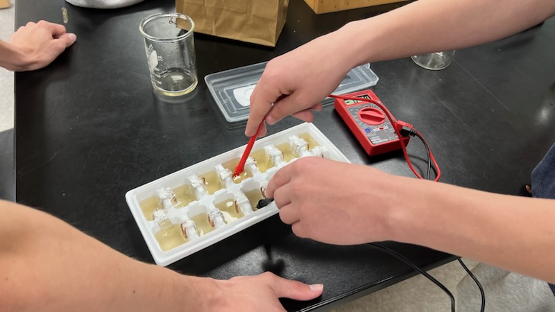 Physics students test the voltage of their homemade batteries in hopes of extra credit.
