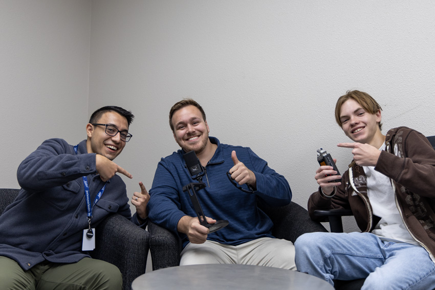 (Left to right) Diego Alas, Tyler Gianakopulos and senior Caleb Eldridge discuss their paths that lead to FCS during the 10th episode of EagleCast.