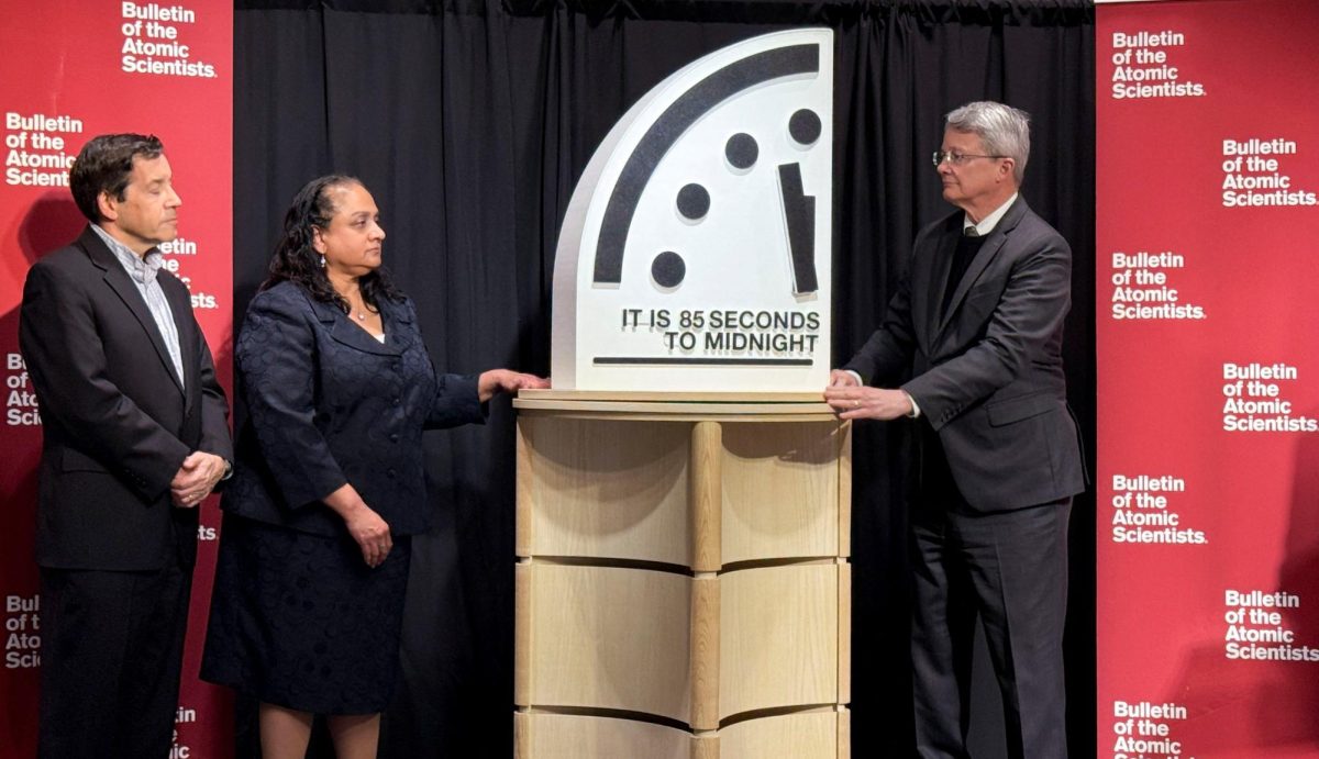 Jon Wolfsthal, director of global risk at the Federation of American Scientists (FAS), Asha George, executive director of the Bipartisan Commission on Biodefense, and Steve Fetter, professor of public policy and former dean at the University of Maryland, reveal the location of the minute hand on its Doomsday Clock, indicating what world developments mean for the perceived likelihood of nuclear catastrophe, during a town-hall in Washington, D.C., U.S., January 23, 2026. REUTERS/Kevin Fogarty