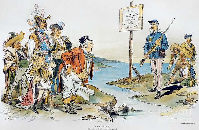 This political cartoon by Victor Gillam in 1896 references the Monroe Doctrine that declared the Western Hemisphere off limits to European colonization.