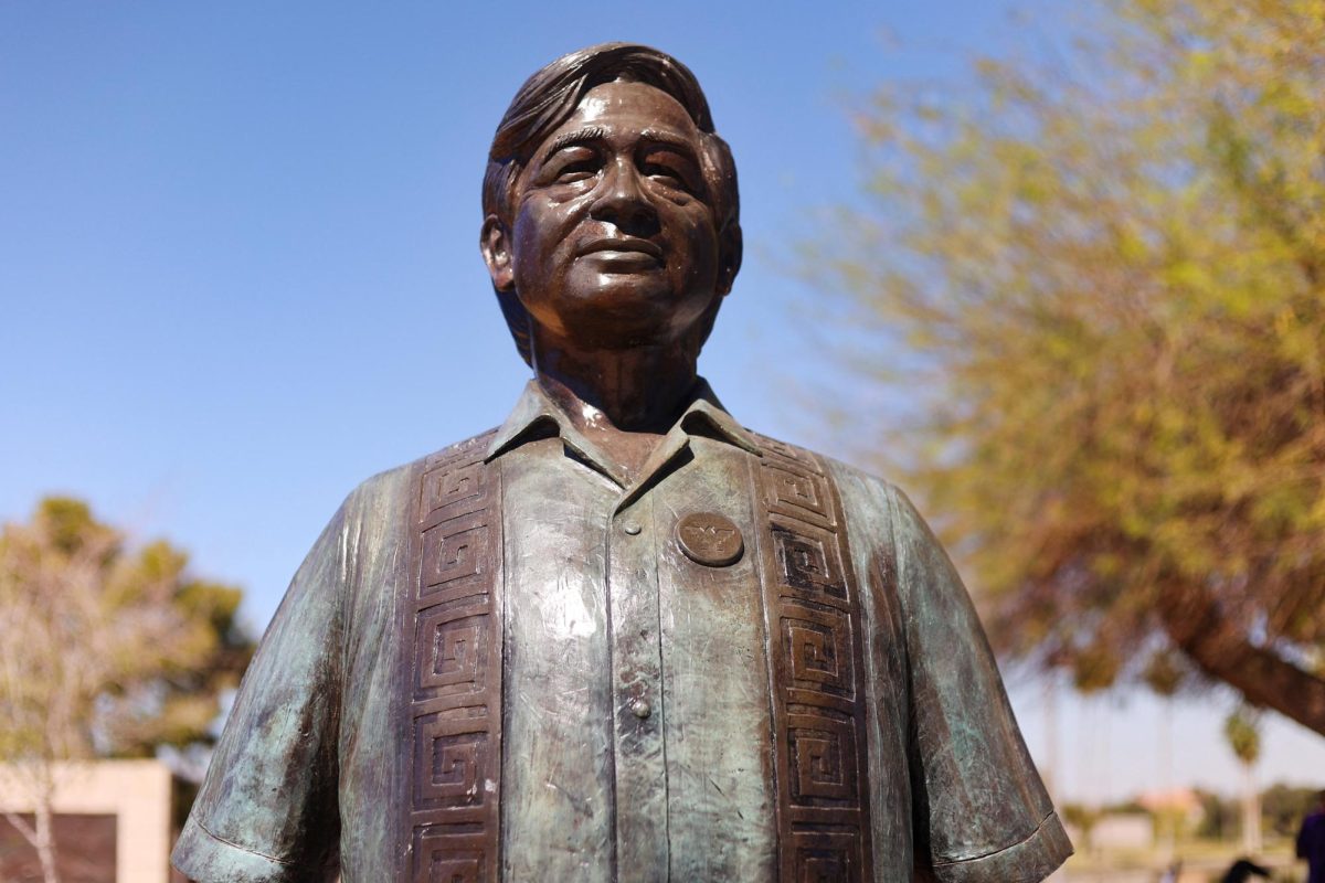A statue of United Farm Workers union co-founder Cesar Chavez, who has been accused of sexual assault, stands at Cesar Chavez Park at a Cesar Chavez Commemorative in Phoenix, Arizona, U.S. March 18, 2026. REUTERS/Erica Stapleton